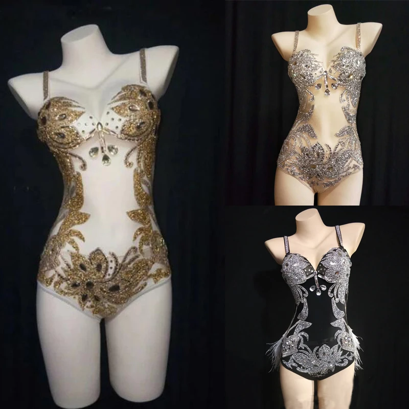 

Sparkly Silver Rhinestones See Through Bodysuit Women Feather Leotard Female Bar Stage Dance Stage Costumes Rave Outfit XS4075
