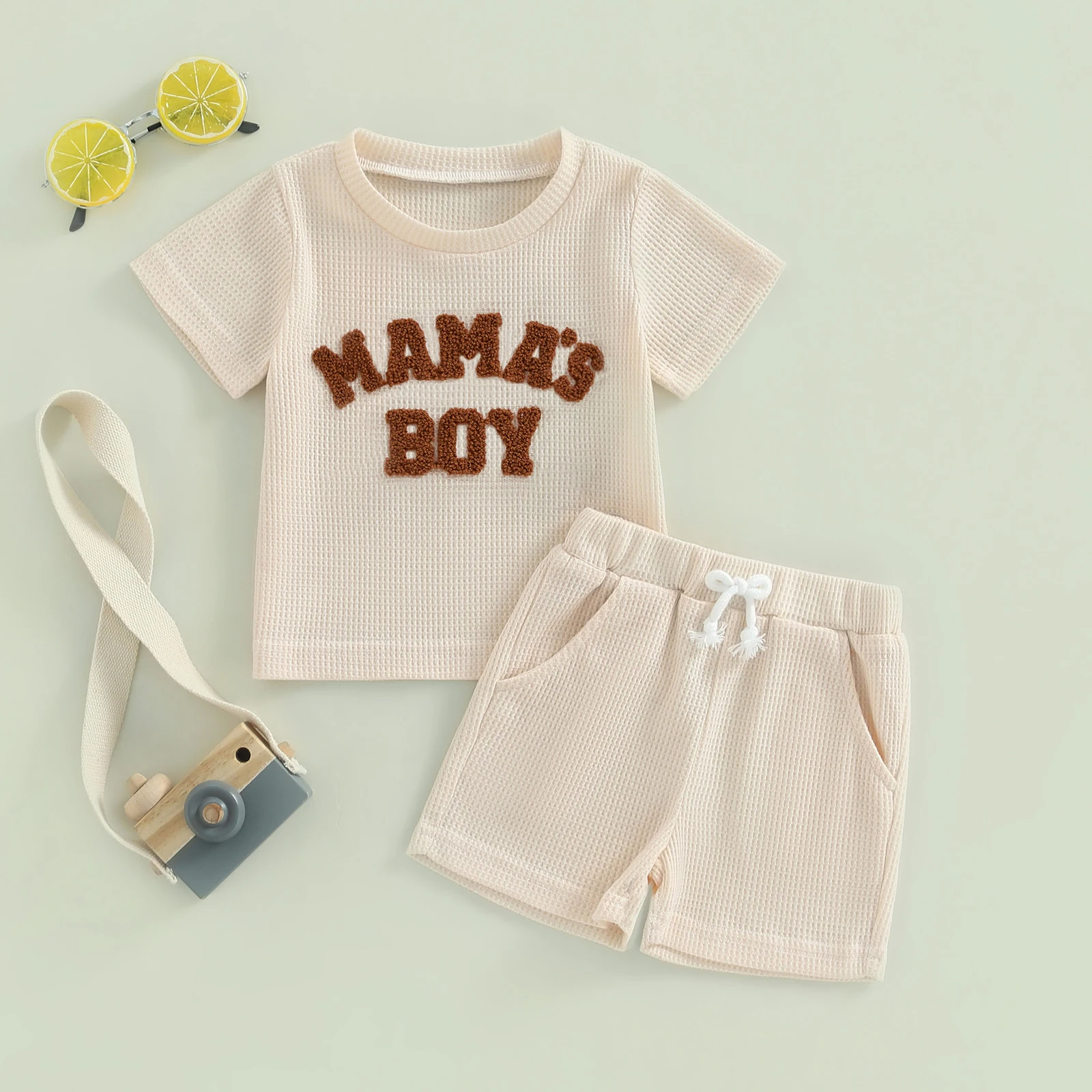 

Summer Baby Boy 2 Piece Waffle Outfits Short Sleeve Letter Embroidery t shirt Tops Elastic Waist Shorts Toddler Mother's Boy Set