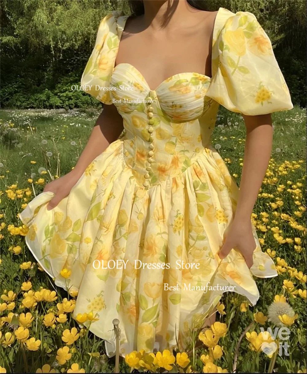 OLOEY Garden Yellow Sweetheart Short Prom Cocktail Dresses Flowers Print Women Wedding Party Dresses Beach Puff Sleeves