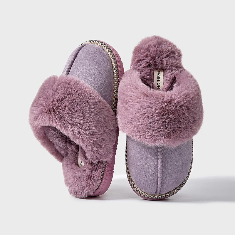 Fashion Faux Suede Plush Slippers for Women 2024 Thick Sole Winter Warm Fuzzy Slides Woman Non Slip Indoor Home Cotton Shoes