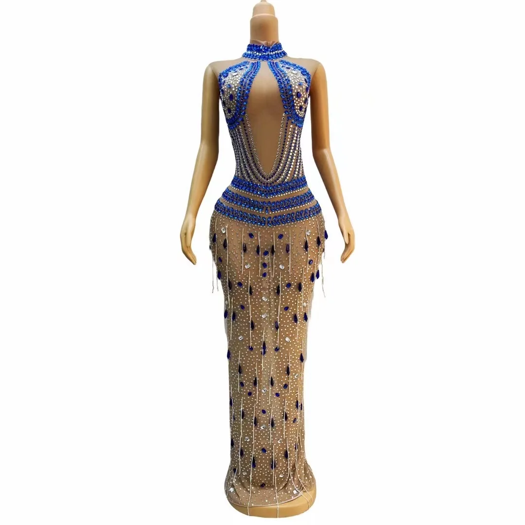 

Silver Blue Rhinestones Shining Crystals ChainsSexy Transparent Dress Fringes Outfit BirthdayParty Colections iingling C285
