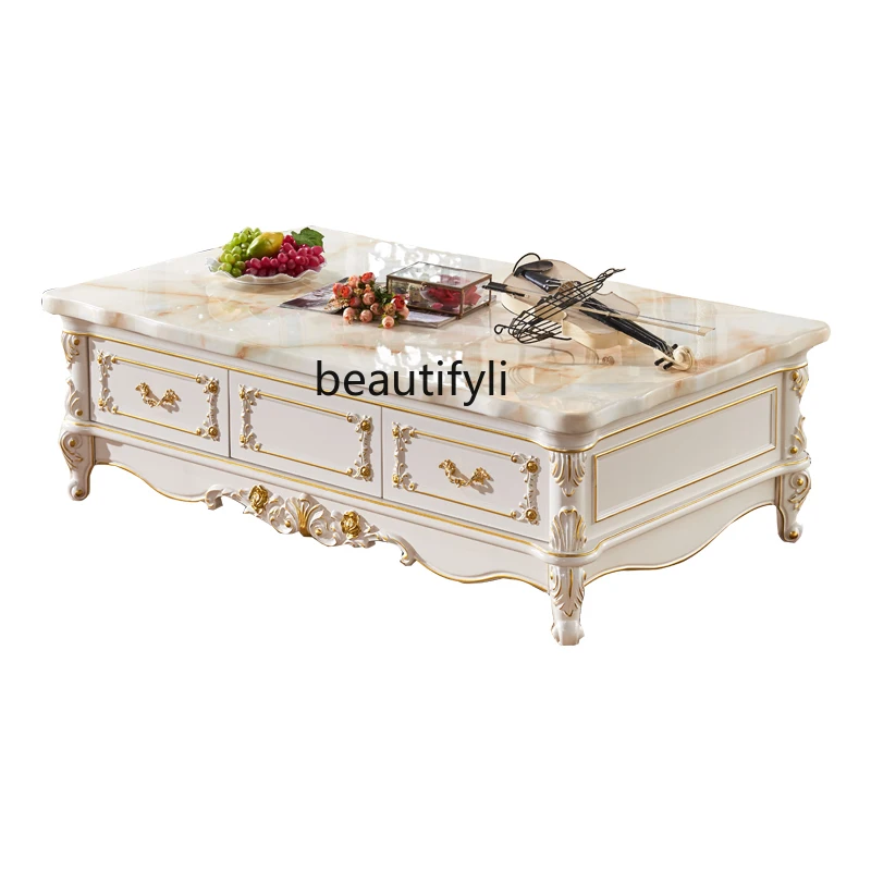 

European-Style Marble Solid Wood Coffee Table TV Cabinet Combination French Carved Rectangular Tea Table