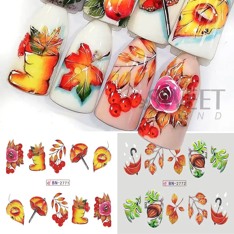 12pcs Autumn Nail Stickers Cartoon Fall Maple Leaves Pumpkin Mushroom Decal Water Transfer Sliders Gel Polish DIY Manicure Foils