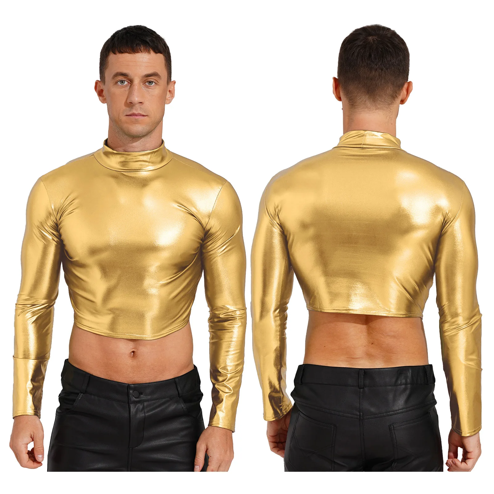 thumbnail image 1 of Top corto metálico brillante para hombre, camiseta de baile en barra de Color sólido brillante con cuello simulado, ropa para fiesta y discoteca, Top ajustado para discoteca, 1 of 5