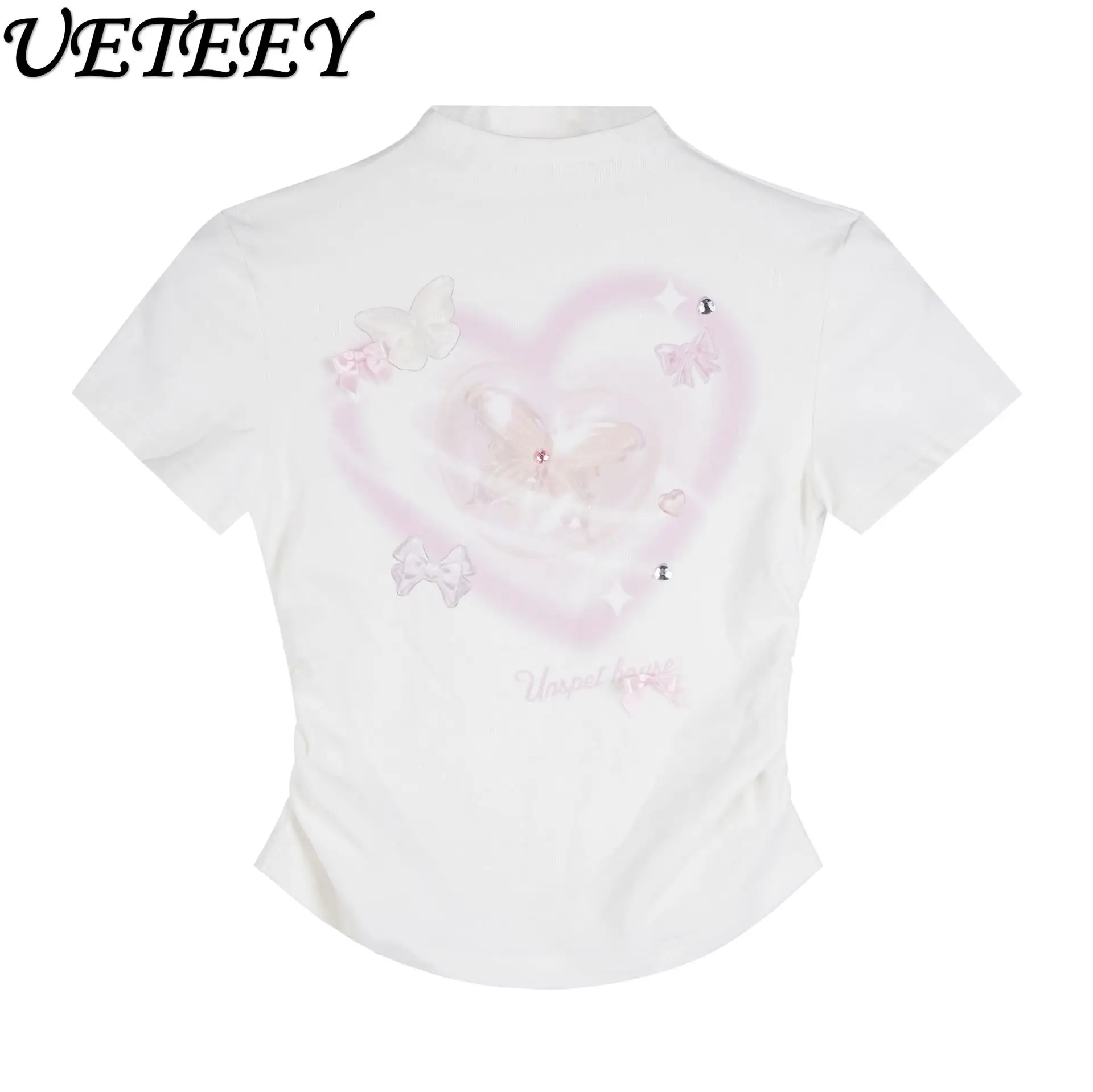 

2024 Summer New American Girl Print Embroidered Crew Neck Short Sleeve T-shirt Elastic Slim Kawaii Clothes Women T Shirt Top Y2k