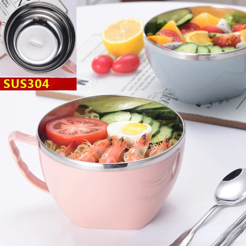 

900/1200ml 304 Stainless Steel Noodle Bowl with Cover Portable Double Insulated Anti-scald Lunch Bowl Leak-Proof Food Container