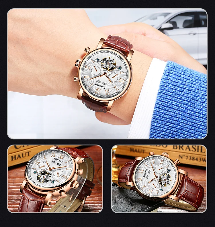 KINYUEDTop Brand Luxury Gold Hollow out Automatic Mechanical Business Waterproof Luminous needle Clocks Men's Watches Auto Date