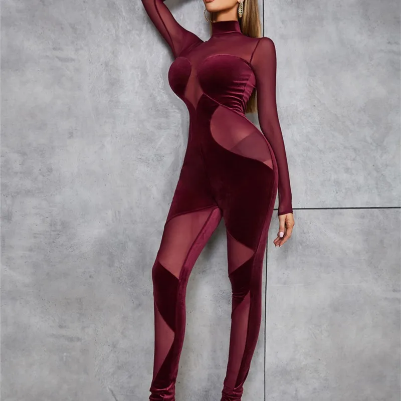 

2023 New Women's Fashion Burgundy Velvet Mesh Long Sleeve Jumpsuit Sexy Perspective Patchwork Design Club Party Jumpsuit