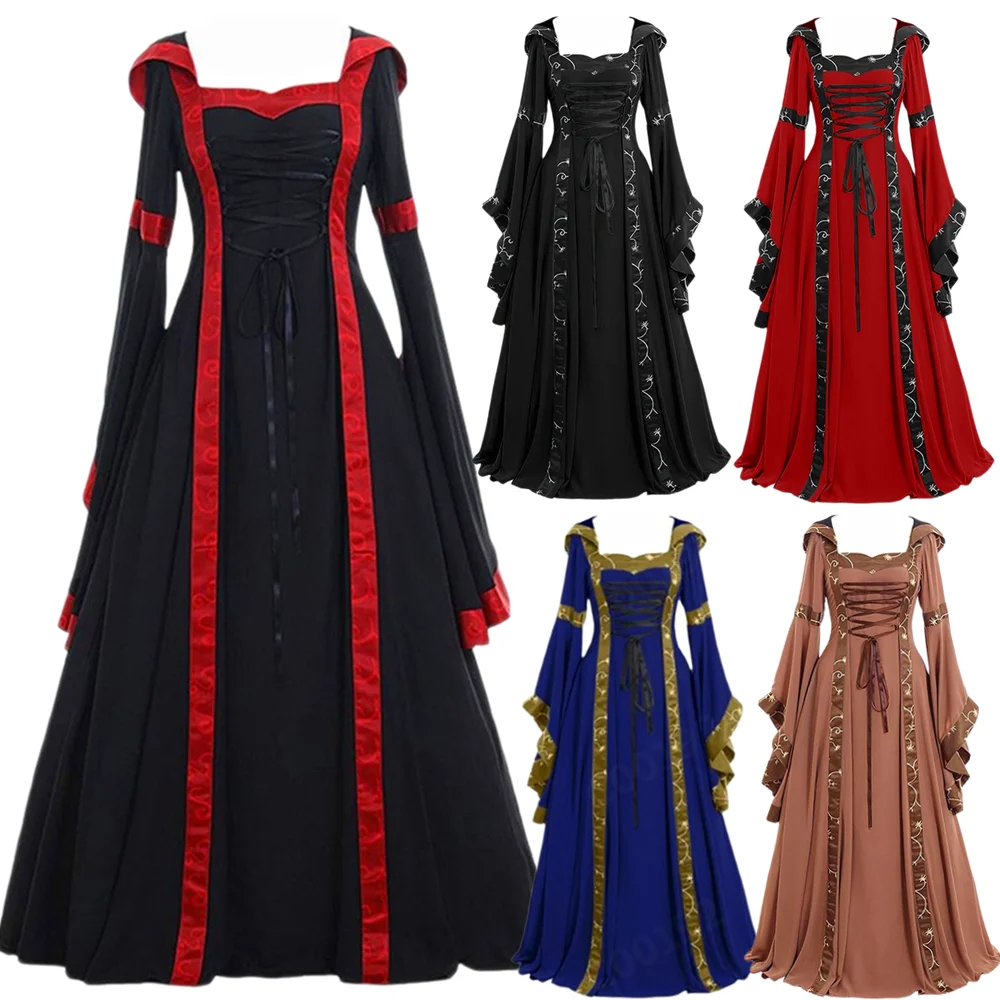 

Medieval Gothic Hoodie Witch Long Dress Women's Square Neck Plus Size 5XL Court Ball Gown Vestidos Halloween Carnival Costume