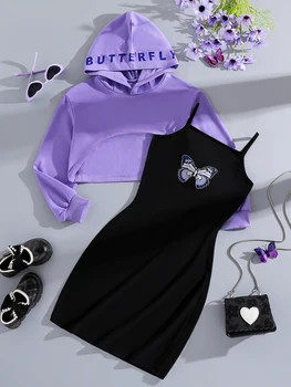 Spring and autumn children's wear girls fashion outdoor casual purple hooded sweatshirt + butterfly print black vest dress set