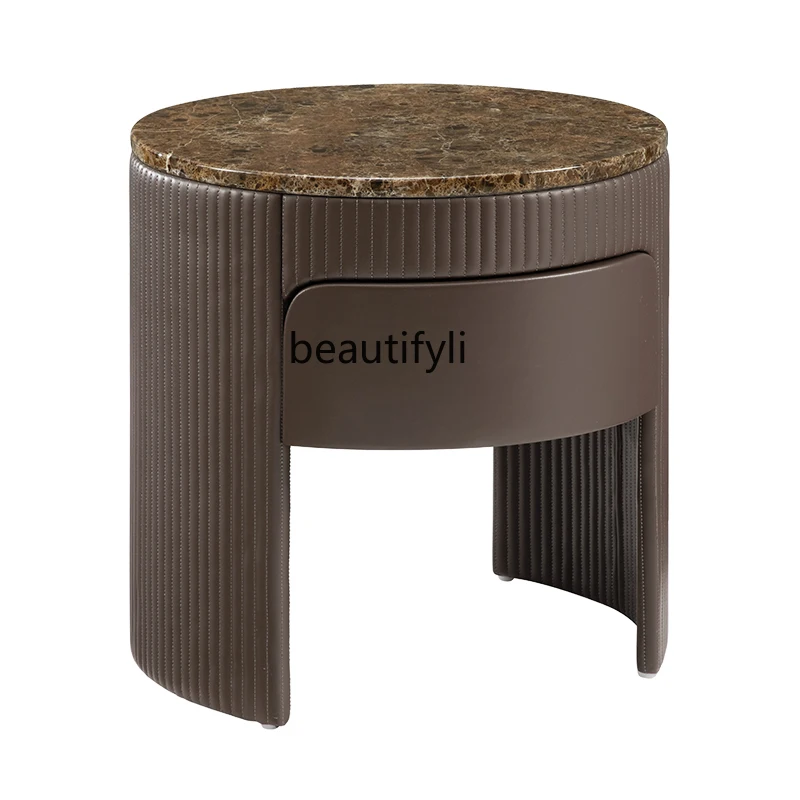 

Round Bedside Table Marble Leather Italian Beige Bedside Cabinet