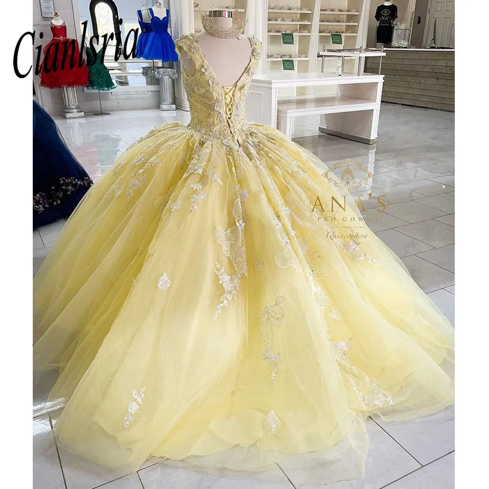 

Yellow Quinceanera Dresses Ball Gown Princess Sweet 16 V Neck Appliques Beading Off Shoulder Grils Formal Party Vestidos De 15