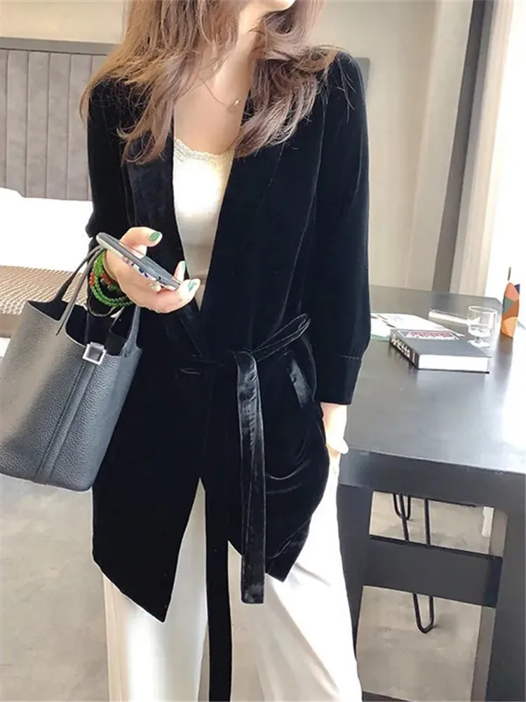 

2023 Spring Autumn New Women's Velvet Blazers Jacket with Sashes Female Notched Outerwear Office Ladies Coat Loose Black Blazer