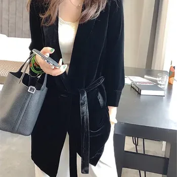 2023 봄 가을 여성용 벨벳 블레이저 재킷, 띠가 있는 여성용 노치 겉옷, 사무실 숙녀 코트, 루즈 블랙 블레이저, 신상