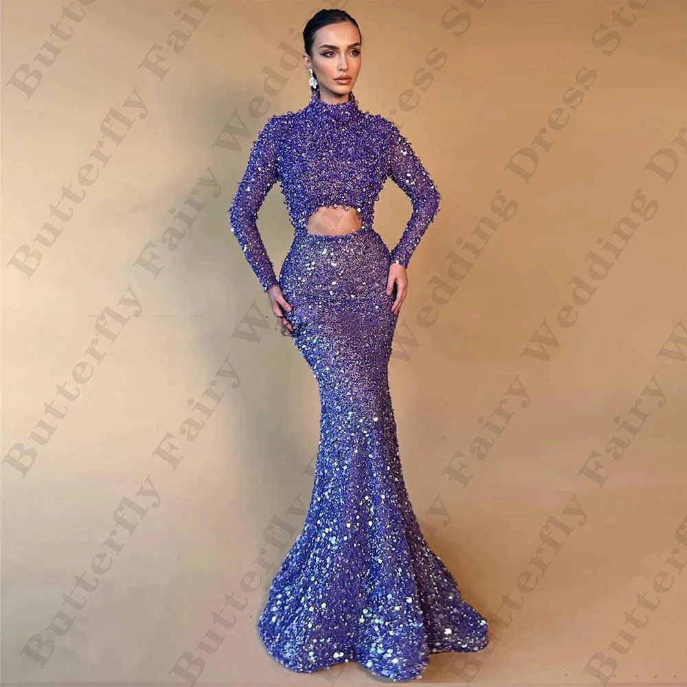 

Sexy Long Evening Dresses For Women Luxurious Sparkling Beading Beautiful High Neck Long Sleeves Slimming Mopping Prom Gowns