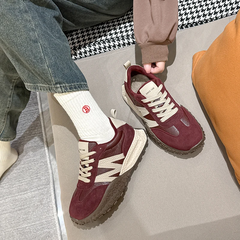 AUTUSPIN Winter Retro Vulcanized Shoes Women Suede Leather Lightweight Sneakers Leisure Outdoor Thick Soled Female Warm Shoes 5