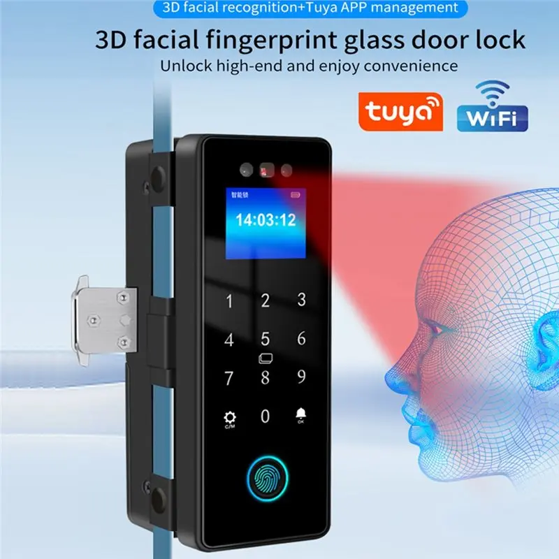 AA84 투야 WIFI 스마트 유리문 도어락 13.56Mhz IC 카드 지원 3D 얼굴 인식 생체 지문 잠금 해제