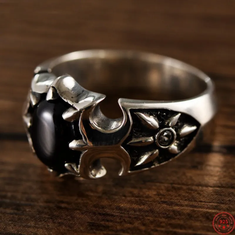 

S925 Sterling Silver Rings 2022 New Fashion Sunflower Totem Obsidian Solid Argentum Viking Jewelry Amulet for Men Women