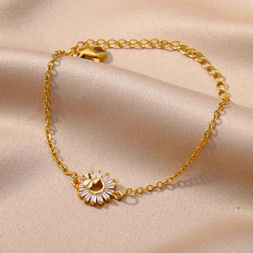 Crystal Sunflower Bracelets Gold Color Stainless Steel