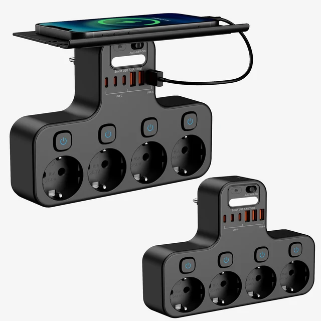4000W Eu Plug Power Strip Multifunction Socket Smart Night Light Independent Switch European Standard Outlet with USB C Ports