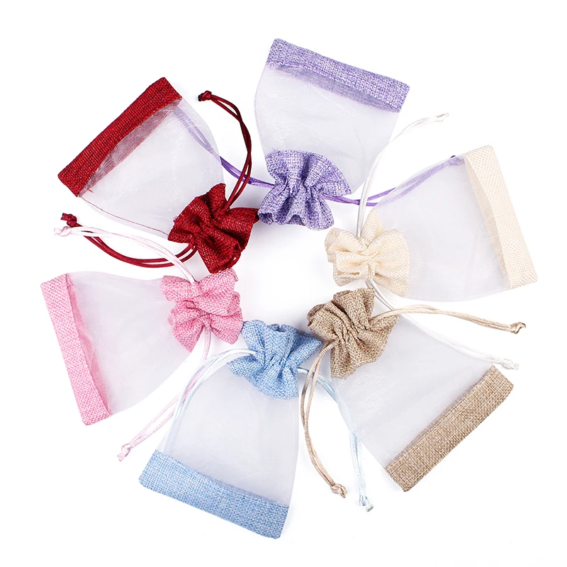 10*14cm Windowed Burlap Bags With Drawstring Rolled Edges Gift Bags Jewelry Packaging Display Candy Storage