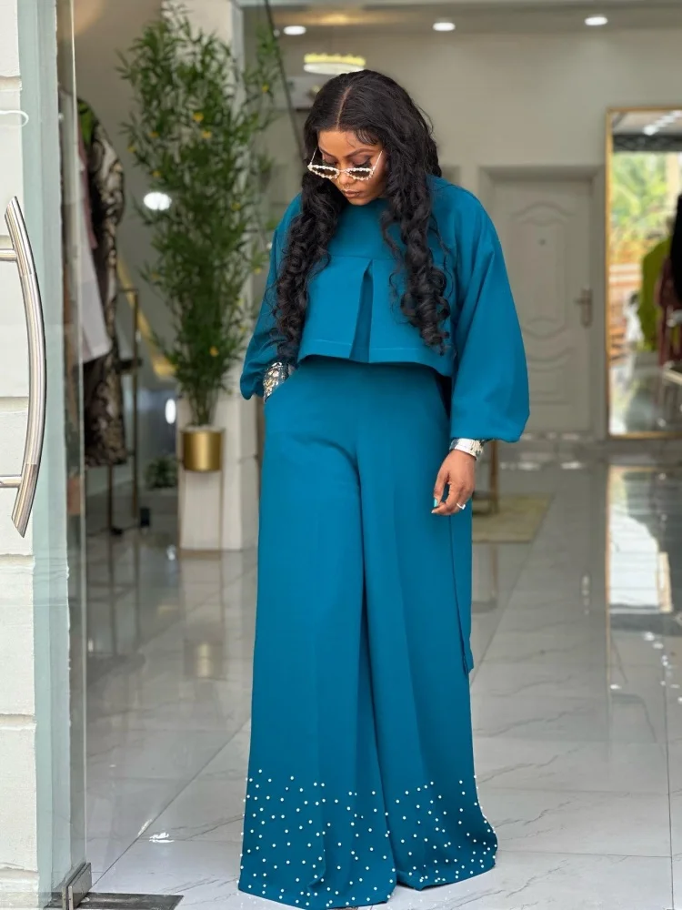 Wmstar Two Piece Sets Women Wholesale Round Neck Irregular Lantern Sleeved Top with Beaded Wide Leg Pants Sets  Dropshopping