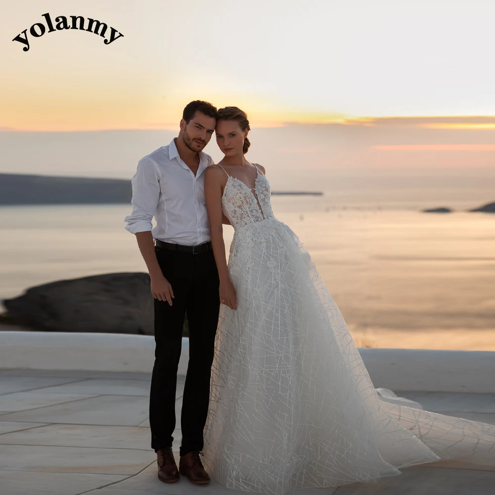 

YOLANMY Pastrol Spaghetti Straps Wedding Dresses For Mariages Brides Pleat Appliques Vestido De Casamento Customised