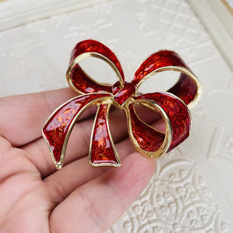New Bow Brooch Transparent Red Enamel Color Brooch Retro Palace Style Girls' Clothing Accessories Pins