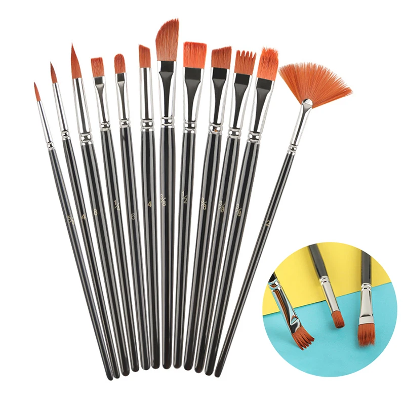 

12Pcs Multi-functional Short Wood Black Stem For Beginner Gouache Watercolor Acrylic Oil Painting Brush Set Nylon Hair Art Tool