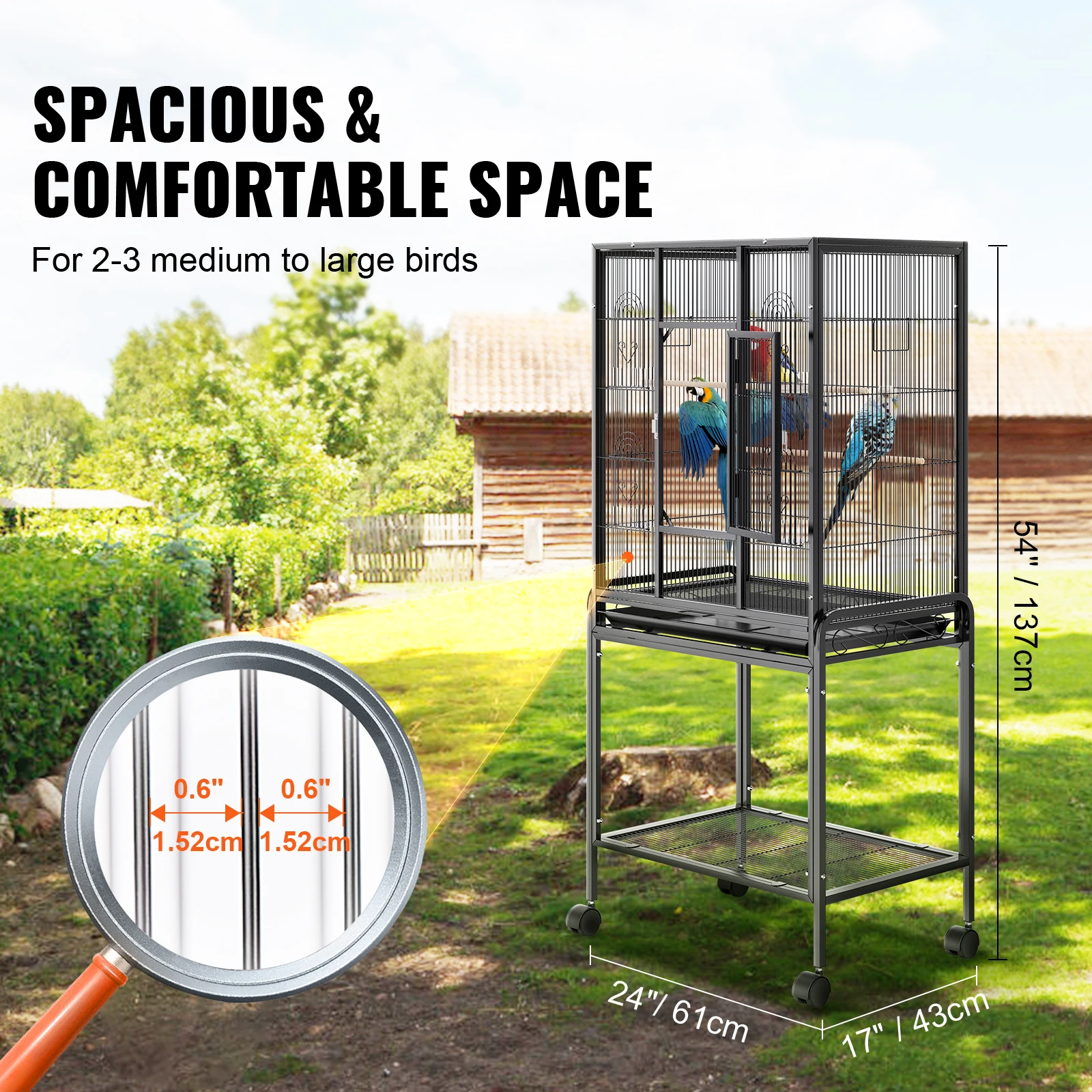 52/54 inch Standing Flight Bird Cage Carbon Steel Parakeets Cages Rolling Stand Tray for Cockatiels Parrots