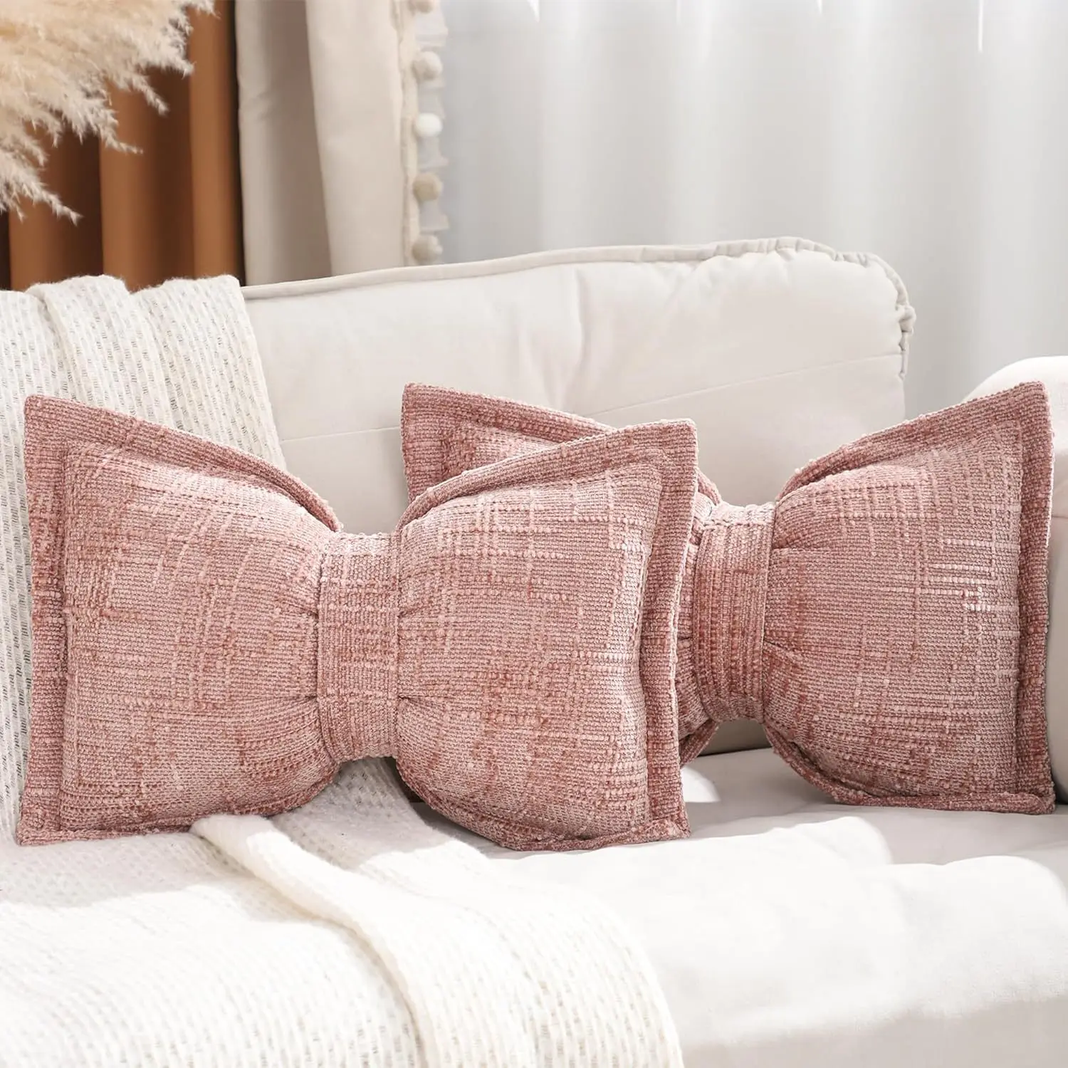 2 Stück Boho-Deko-Kissenbezüge mit Schleifenmuster, Chenille-Textur, große Schleifenförmige Kissenhüllen für Sofa, Wohnzimmer, Heimdekoration – Detail 7