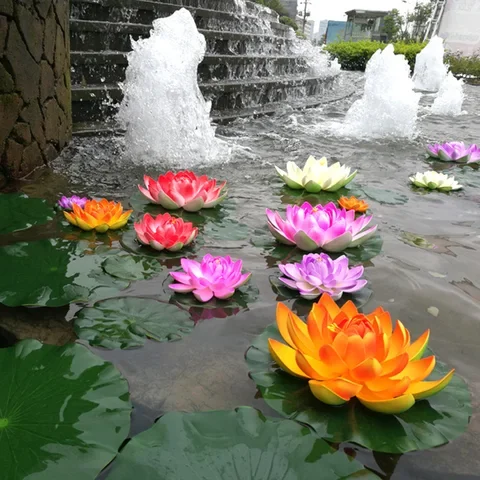 

Artificial Lotus Water Lily Floating Flower Pool Pond Fake Plant Ornament 10/18cm Wedding Home Garden Party Pond Decorations