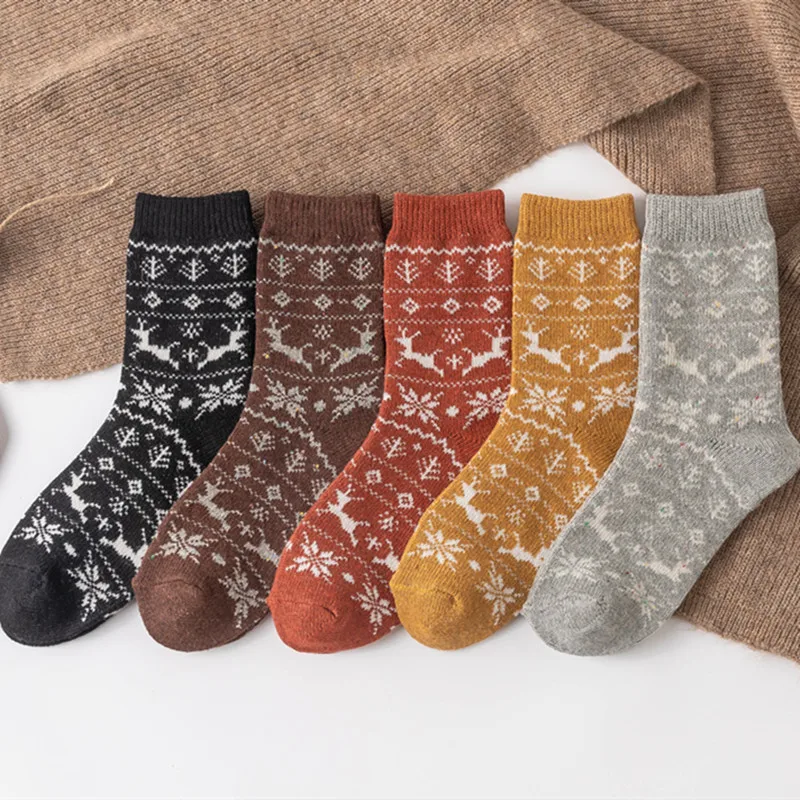 

5 Pairs Womens Socks Winter Thermal Warm Christmas Elk Rabbit Wool Mixed Socks Fashion Harajuku Thermal Long Socks 2024 New In