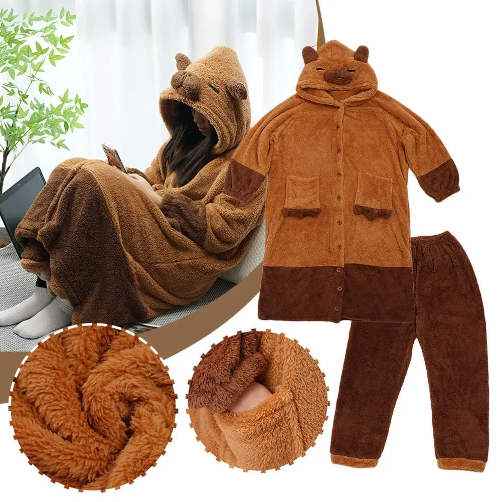 Winter Cute Coral Velvet Pajamas Kawaii Hooded Pajamas Trousers Set Thickened Warm Comfortable Girls Household Clothes