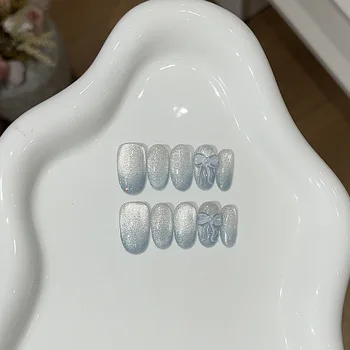 10PCS Cat Eye Handmade False Nail Glitter Blue Gradient Short Oval Glossy Press on Nail 3D Bowknot for Girls Wearable Nail Patch