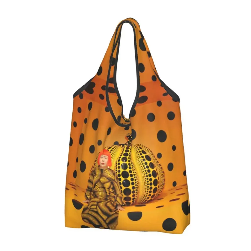 

Reusable Yayoi Kusama Mystery Grocery Bag Foldable Machine Washable Yellow Pumpkin Shopping Bag Eco Storage Bag Attached Pouch