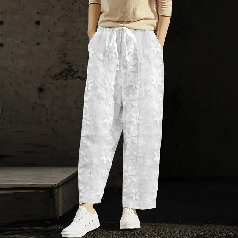 

Autumn Vinage Embroidered Cotton Linen Pants Women Lace-Up Ankle-length Pants Women White Elegant Trousers Casual Spodnie 26162