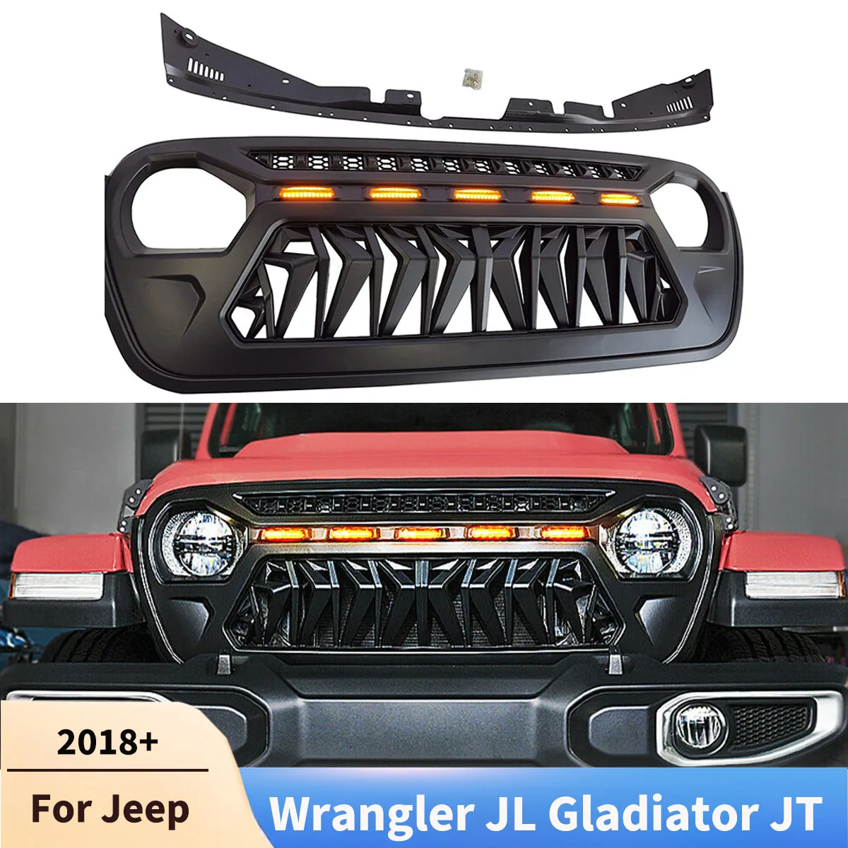 Shark Grille Bumper With LED Lights For 2018-2024 Jeep Wrangler JL & Gladiator JT - Black