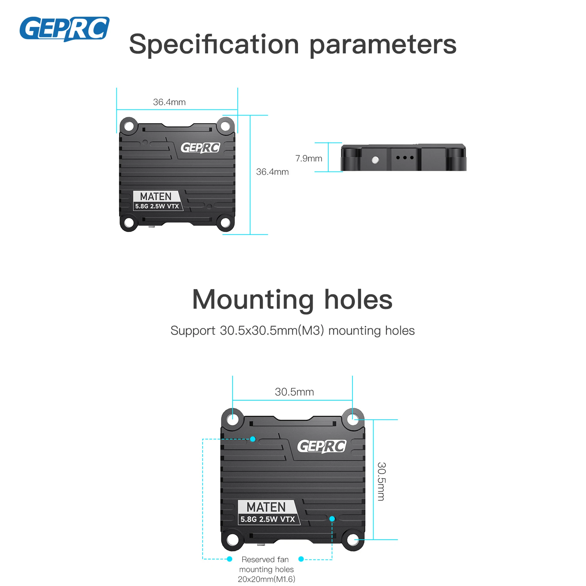 GEPRC MATEN 5.8G 2.5W 1.6W VTX 2500mW Transmitter Transmitting Module 7V-36V Built in Microphone for FPV Long Range Racing Drone thumbnail 2