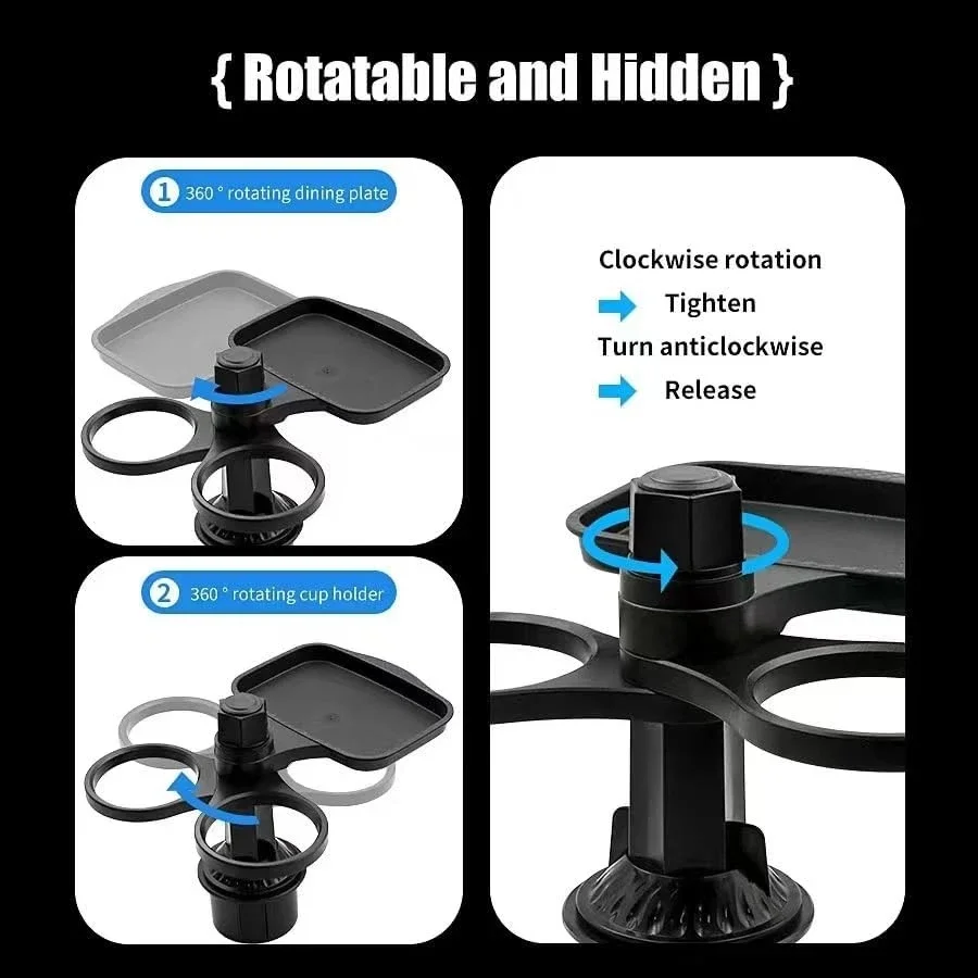 3-in-1 Detachable Car Cup Holder Tray-Expandable Food Table with 360° Rotating Design,Sturdy Base for Long Road Trips Table Tray