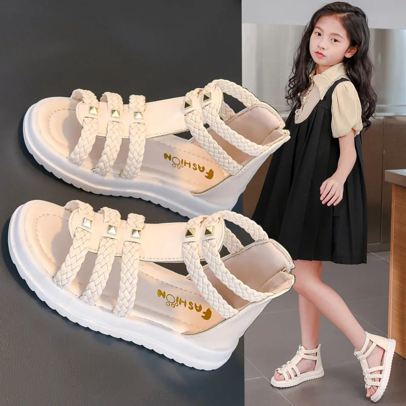Kids Summer Sandals for Girls 2025 New Versatile Korean Style PU Soft Non-slip Flat Casual Weave Gladiator Sandals Princess Soft