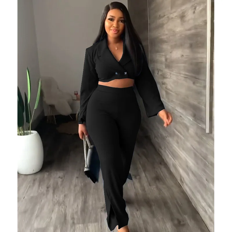 Elegant Work Wear Two Piece Set Women Clothes Button Office Crop Top and Flare Pants Suits Matching Sets Lady Sexy Club Outfits