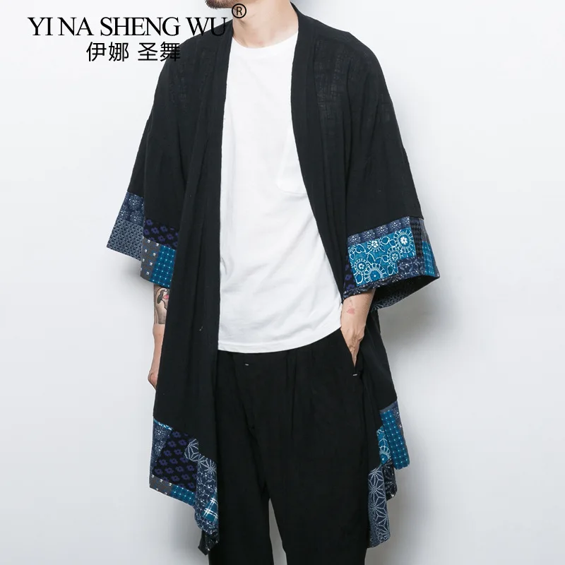 Japanese Kimono Cardigan Men Haori Yukata Samurai Costume Jacket Long Shirt