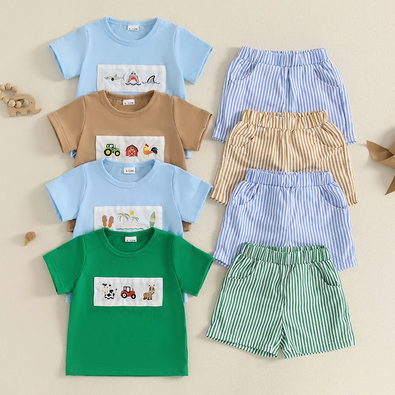 Vintage Toddler Kids Boy Summer Clothing Outfits Animal Embroidery Round Neck Short Sleeve T-shirts with Striped Shorts Outfits, kids clothing set