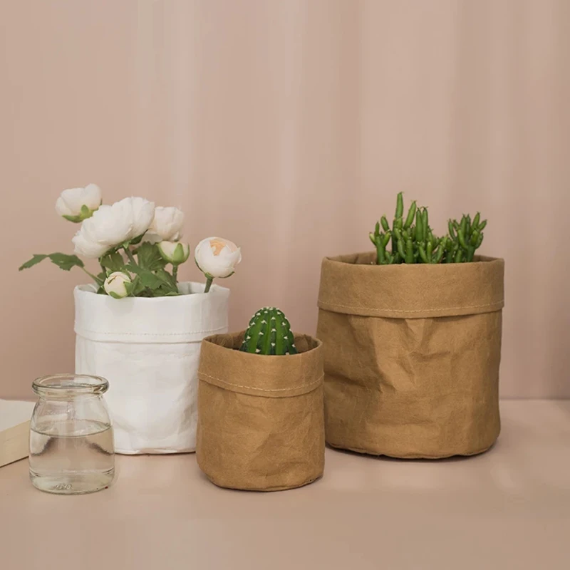 1Pcs Washable Foldable Kraft Paper Flower Pot Desktop Flowerpot Cover Reuseable Multifunction Storage Box Home Decoration