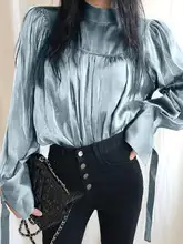  ZANZEA Women Luxury Blouses Elegant Satin Silk Korean Fashion Stand Collar Long Sleeve Pleated Shirts Spring 2023 Casual Blusas 