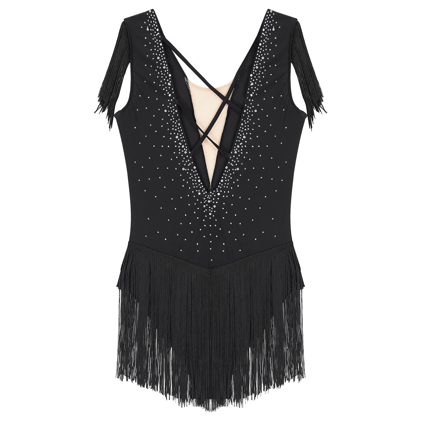 여성용 피겨 스케이팅 댄스 대회 의상, 샤이니 라인스톤 태슬 스커트, 레오타드 바디 슈트, 차차 삼바 라틴 댄스웨어