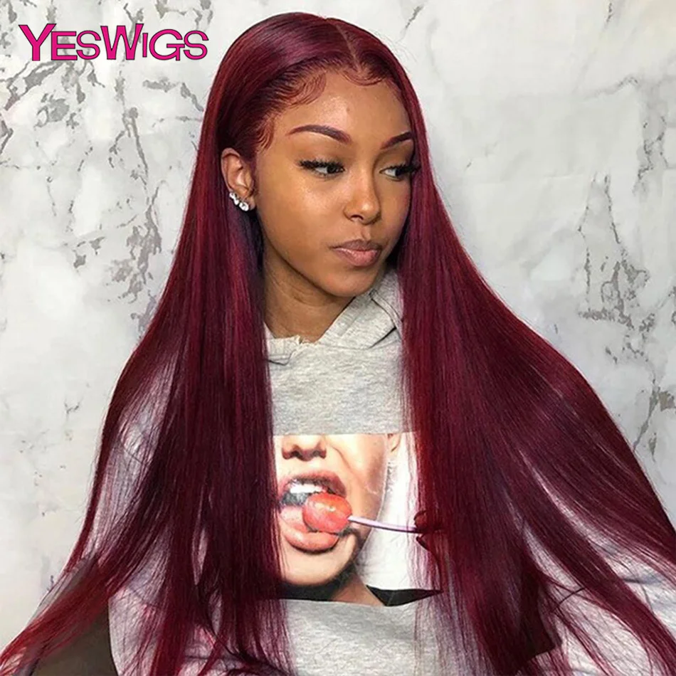 13x6 Glueless Burgundy 99J Lace Front Wig Pre Plucked Brazilian Bleached Red Colored Bone Straight Lace Frontal Wig Human Hair