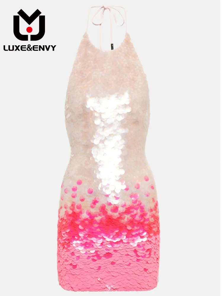 

LUXE&ENVY LUXE&ENVY SatQueen and Vacation Style Sexy Open Back Hanging Neck Style Colored Sequin Sling Dress