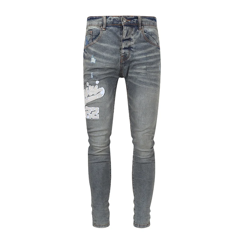 

Street Fashion Men Jeans High Quality Retro Gray Blue Stretch Skinny Ripped Jeans Men Patch Designer Hip Hop Brand Pants Hombre